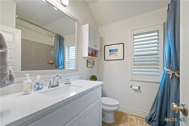 1235 Yaupon Loop, New Braunfels, TX 78132 - full bath with vanity, vaulted ceiling, curtained shower, and tile patterned flooring