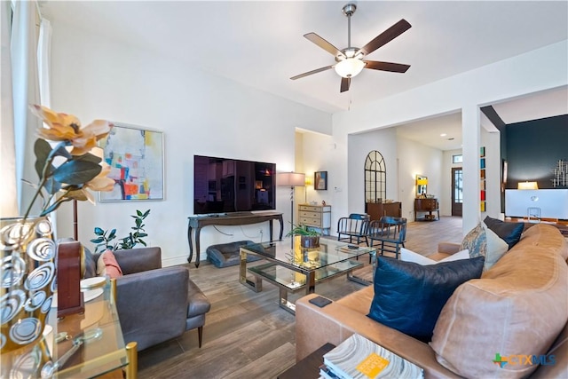 1235 Yaupon Loop, New Braunfels, TX 78132 - living room featuring a ceiling fan and wood finished floors