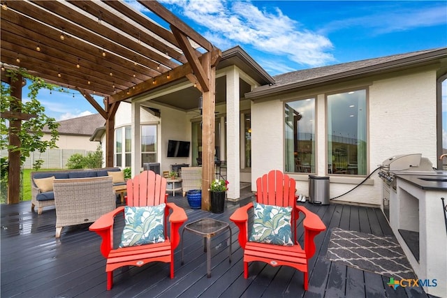 1235 Yaupon Loop, New Braunfels, TX 78132 - wooden deck with outdoor dining space, an outdoor hangout area, and a pergola