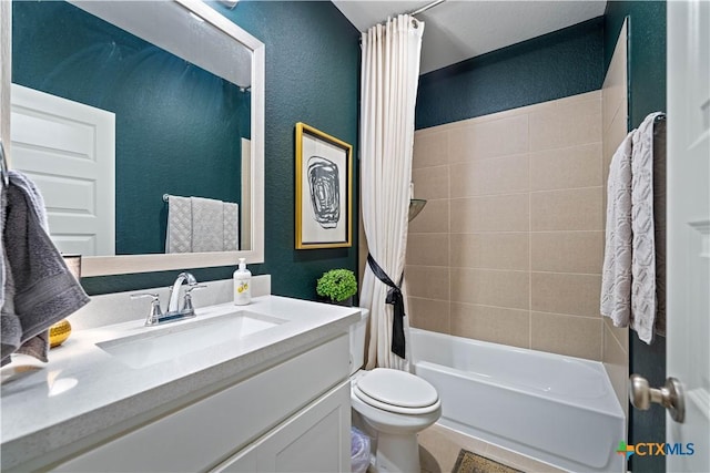 1235 Yaupon Loop, New Braunfels, TX 78132 - bathroom with vanity, a textured wall, and shower / bath combo with shower curtain