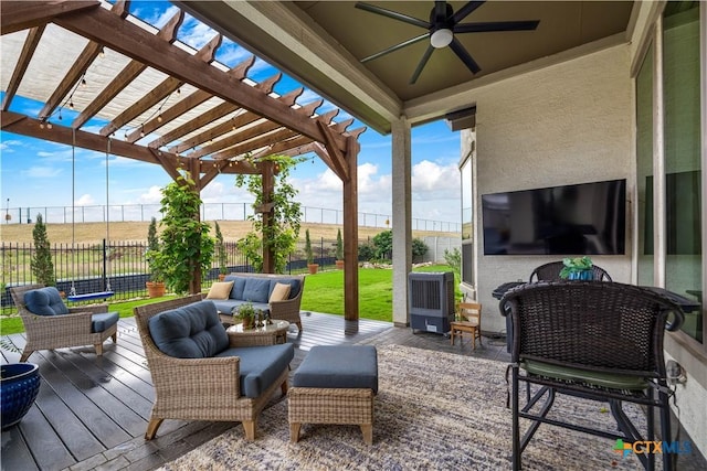 1235 Yaupon Loop, New Braunfels, TX 78132 - deck featuring an outdoor hangout area, a pergola, a fenced backyard, and a ceiling fan
