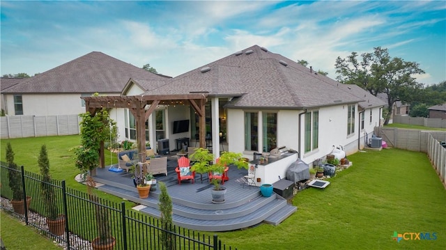 1235 Yaupon Loop, New Braunfels, TX 78132 - back of house with a wooden deck, a pergola, stucco siding, an outdoor living space, and roof with shingles