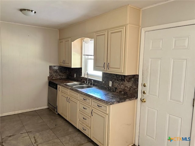 kitchen with a sink, cream cabinetry, dark countertops, and dishwasher