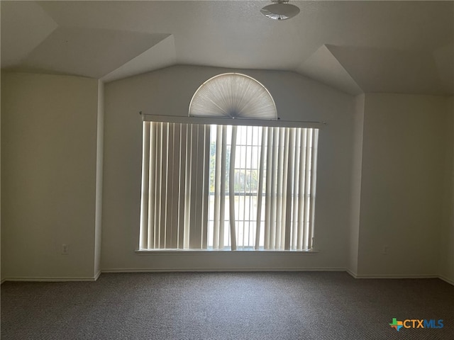 spare room featuring carpet flooring and vaulted ceiling