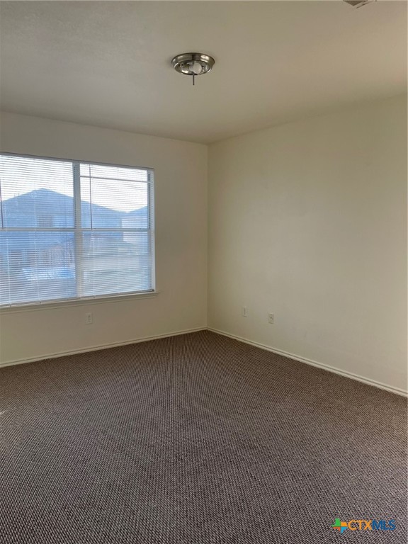 carpeted empty room with a mountain view