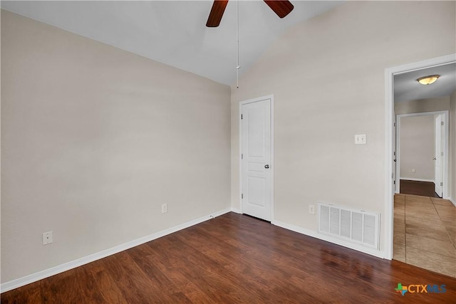 2922 Starlight Dr, Copperas Cove, TX 76522 - spare room featuring a ceiling fan, vaulted ceiling, baseboards, and wood finished floors