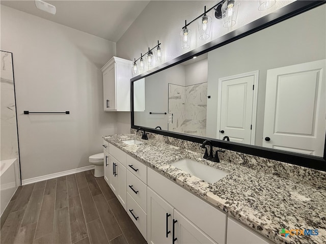 bathroom with vanity, toilet, and wood-type flooring