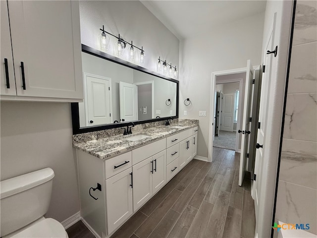 bathroom with toilet, vanity, and hardwood / wood-style flooring