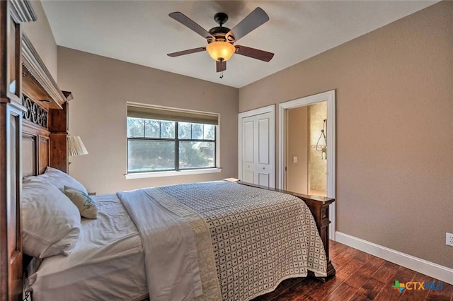 bedroom with ceiling fan, a closet, and dark hardwood / wood-style floors