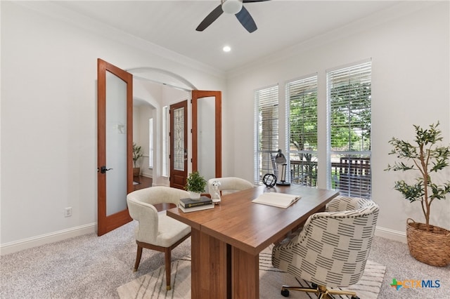 2609 Armatrading Dr, Cedar Park, TX 78613 - office space featuring crown molding, healthy amount of natural light, a ceiling fan, baseboards, and light colored carpet
