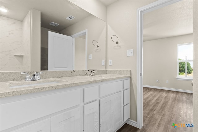 bathroom with hardwood / wood-style floors and vanity