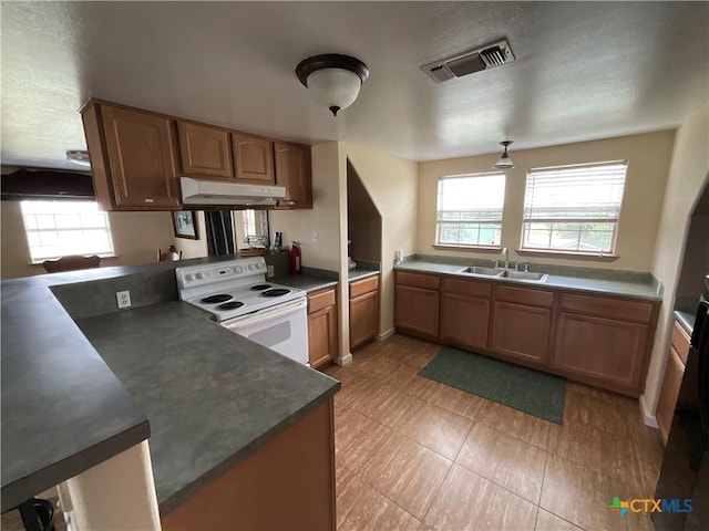 364 N Blackburn Ave, Port Lavaca, TX 77979 - kitchen featuring white electric range oven, under cabinet range hood, a sink, and healthy amount of natural light