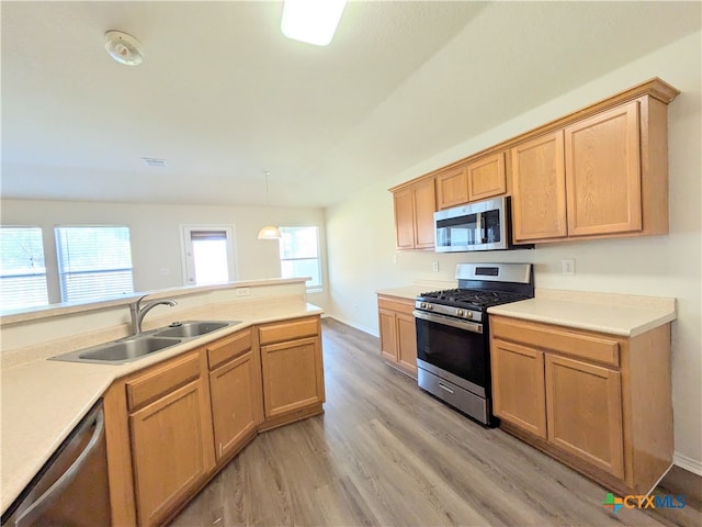 kitchen featuring sink, light wood-type flooring, stainless steel appliances, and hanging light fixtures