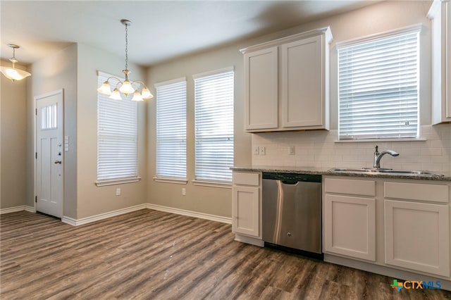 kitchen with dark wood-type flooring, sink, white cabinets, pendant lighting, and dishwasher