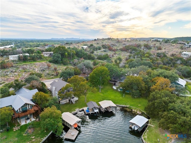 drone / aerial view featuring a water view