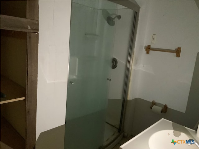 bathroom with a shower with shower door