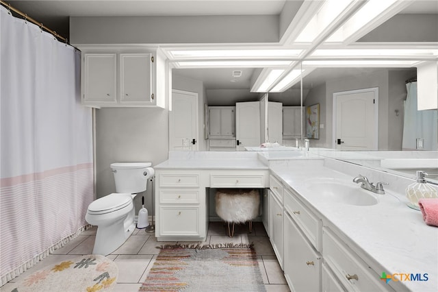 bathroom featuring toilet, vanity, and tile patterned flooring