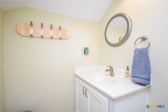 bathroom featuring vanity and lofted ceiling