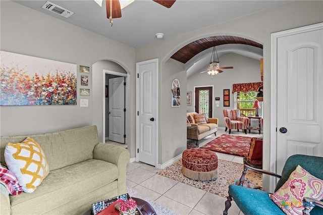 182 Palm, Spring Branch, TX 78070 - tiled living area featuring ceiling fan, arched walkways, and vaulted ceiling