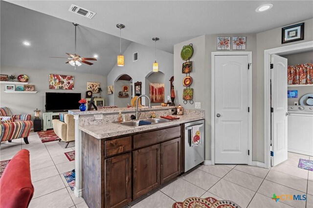 182 Palm, Spring Branch, TX 78070 - kitchen with dishwasher, a peninsula, light tile patterned flooring, open floor plan, and dark brown cabinets