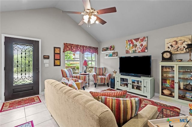 182 Palm, Spring Branch, TX 78070 - living area featuring high vaulted ceiling, light tile patterned flooring, and a ceiling fan