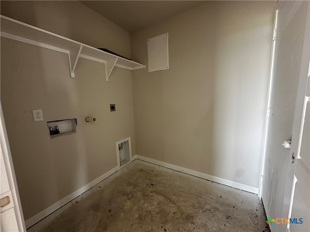 clothes washing area featuring gas dryer hookup, electric dryer hookup, and washer hookup