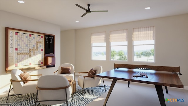 interior space featuring ceiling fan