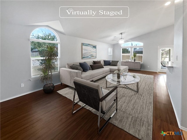 10012 Orion Dr, Temple, TX 76502 - living area featuring vaulted ceiling, wood finished floors, and a ceiling fan
