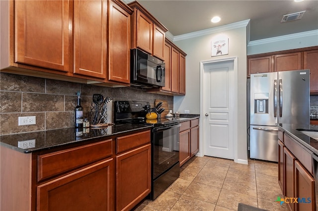 kitchen featuring dark stone counters, black appliances, crown molding, and tasteful backsplash