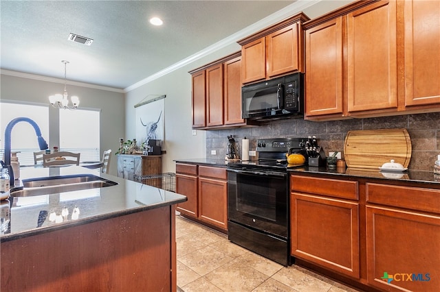 kitchen with decorative backsplash, black appliances, a chandelier, sink, and crown molding