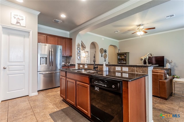 kitchen with a center island with sink, ornamental molding, stainless steel fridge, sink, and dishwasher