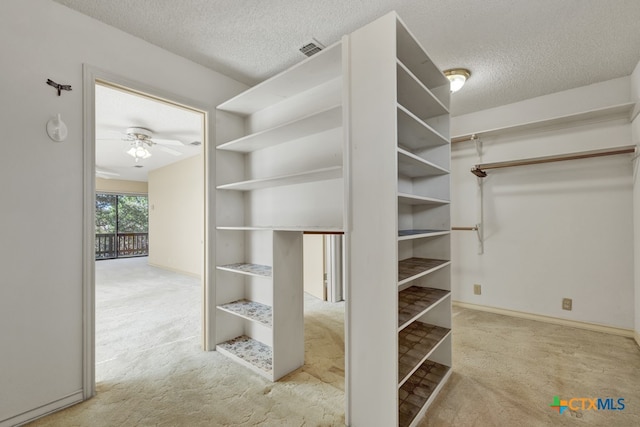 walk in closet featuring ceiling fan and light carpet