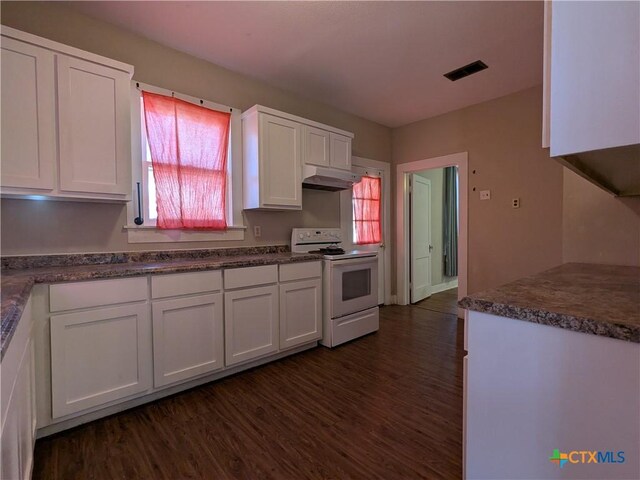 207 W 5th St, Lampasas, TX 76550 - kitchen featuring white electric range oven, white cabinetry, dark wood-style flooring, and under cabinet range hood