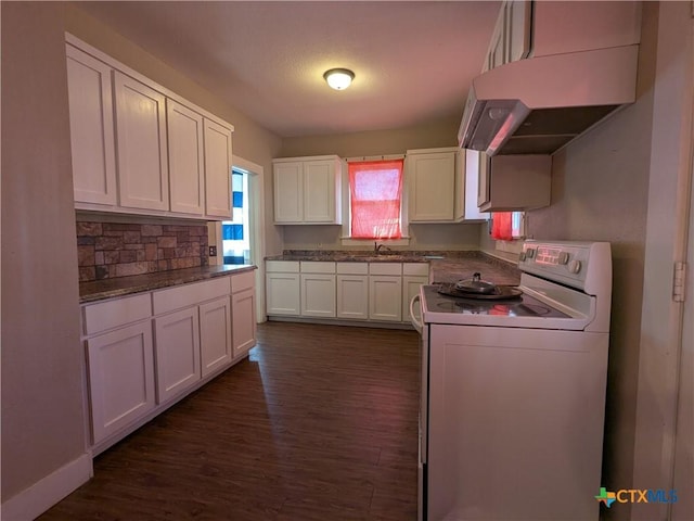 207 W 5th St, Lampasas, TX 76550 - kitchen with white electric range, under cabinet range hood, white cabinets, dark wood-style flooring, and backsplash