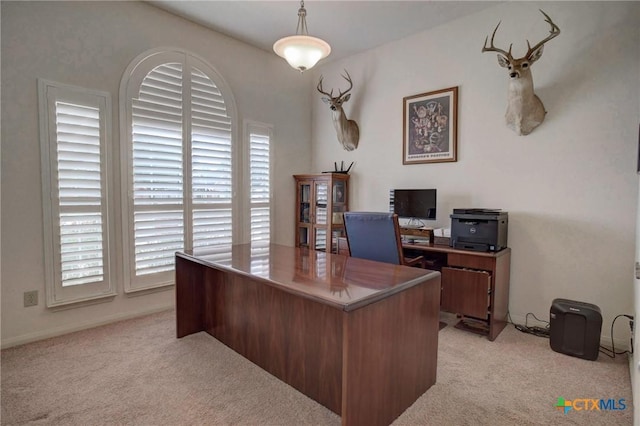 office area featuring light carpet