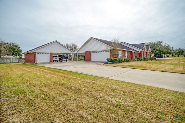 single story home featuring a garage, a front lawn, fence, and brick siding