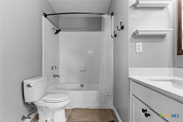 913 Risen Star Ln, Copperas Cove, TX 76522 - full bath featuring toilet, vanity, shower / bathtub combination with curtain, tile patterned flooring, and baseboards