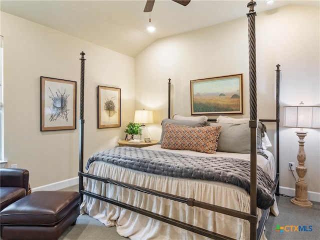 121 Wild Honeysuckle Way, San Marcos, TX 78666 - carpeted bedroom with vaulted ceiling, baseboards, ceiling fan, and recessed lighting