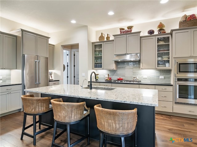 121 Wild Honeysuckle Way, San Marcos, TX 78666 - kitchen featuring appliances with stainless steel finishes, a sink, under cabinet range hood, gray cabinetry, and recessed lighting