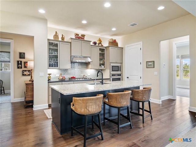 121 Wild Honeysuckle Way, San Marcos, TX 78666 - kitchen with appliances with stainless steel finishes, a sink, gray cabinetry, under cabinet range hood, and a kitchen island with sink