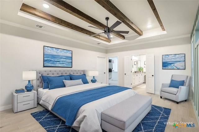 bedroom with visible vents, beam ceiling, baseboards, ornamental molding, and light wood-style flooring
