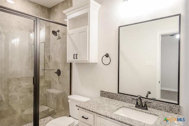 full bathroom featuring vanity, toilet, and a stall shower