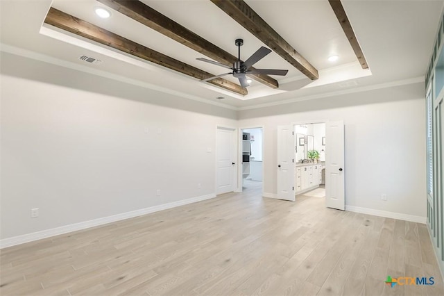 unfurnished bedroom featuring visible vents, light wood finished floors, baseboards, and beamed ceiling
