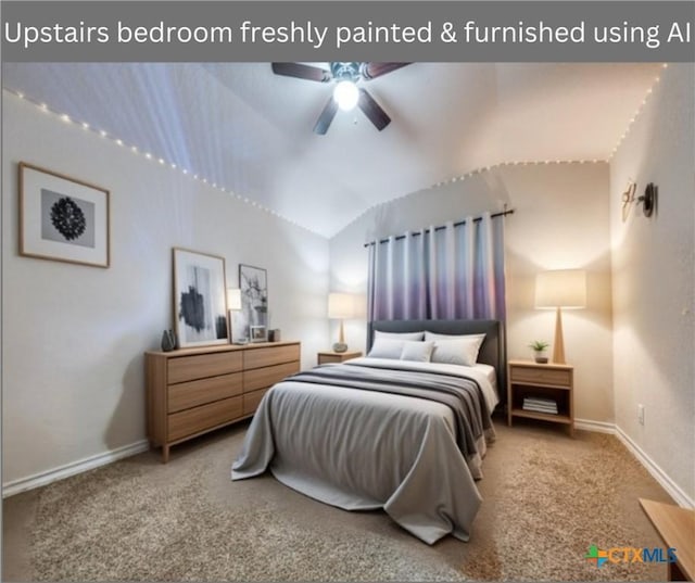 carpeted bedroom with ceiling fan and lofted ceiling