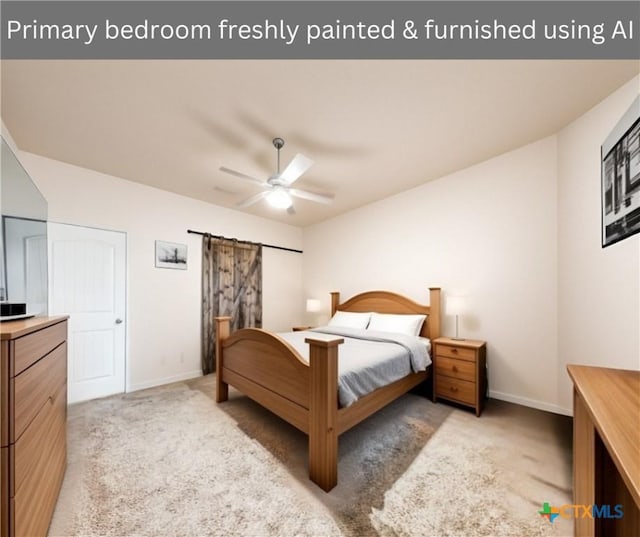 bedroom featuring ceiling fan and carpet