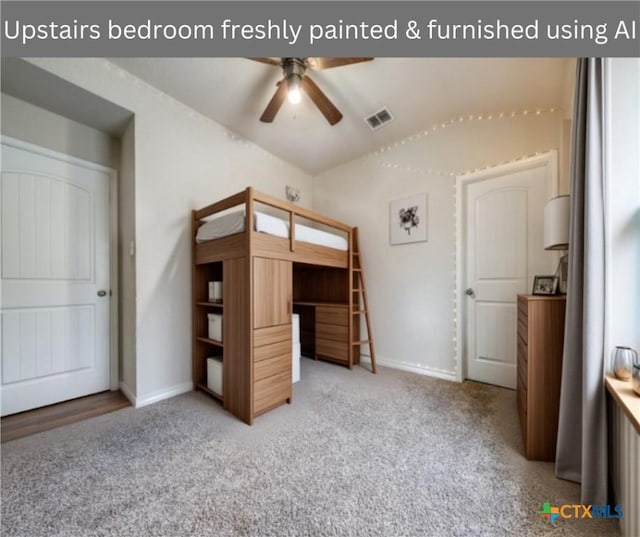 unfurnished bedroom featuring ceiling fan and light colored carpet