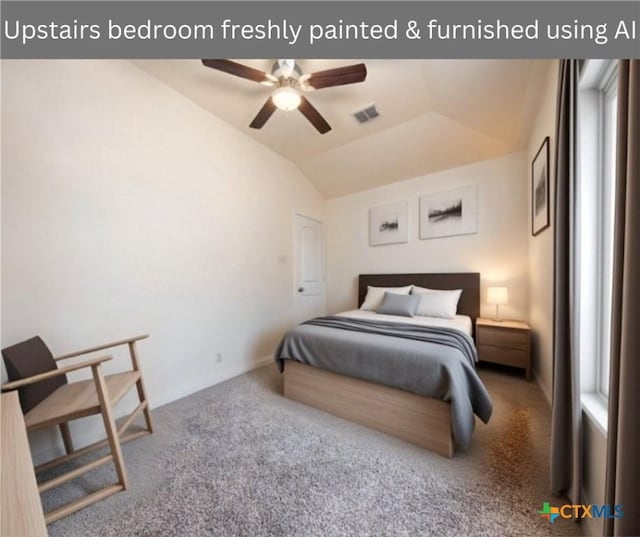 bedroom featuring ceiling fan, vaulted ceiling, and carpet floors