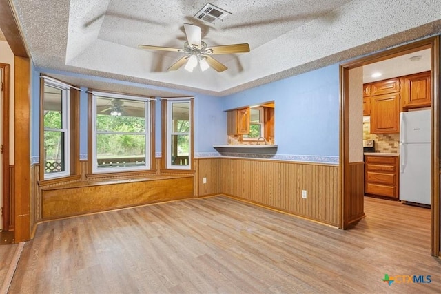 3927 Amanda Dr, Salado, TX 76571 - unfurnished room featuring light wood-style flooring, a ceiling fan, wainscoting, a raised ceiling, and a textured ceiling