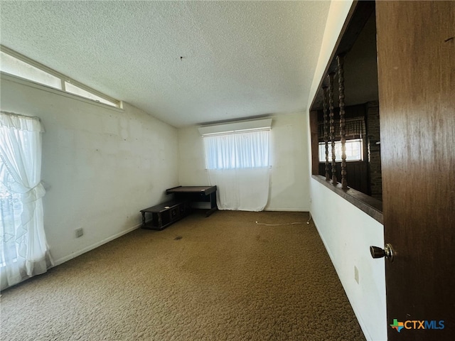 carpeted spare room with a textured ceiling