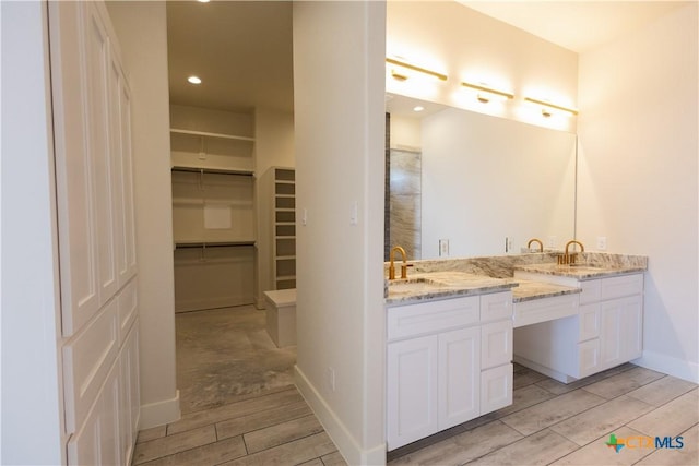 1193 Country Pike, Canyon Lake, TX 78133 - bathroom featuring double vanity, wood tiled floors, a spacious closet, and recessed lighting
